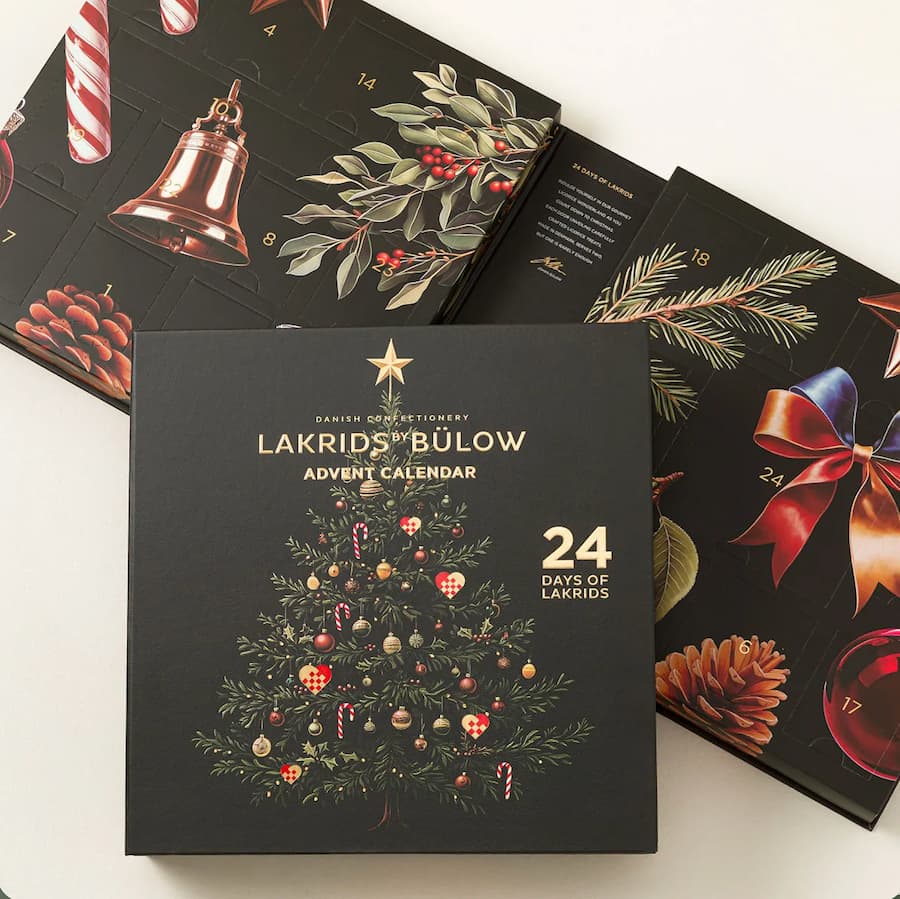 black advent calendar box with seasonal graphics