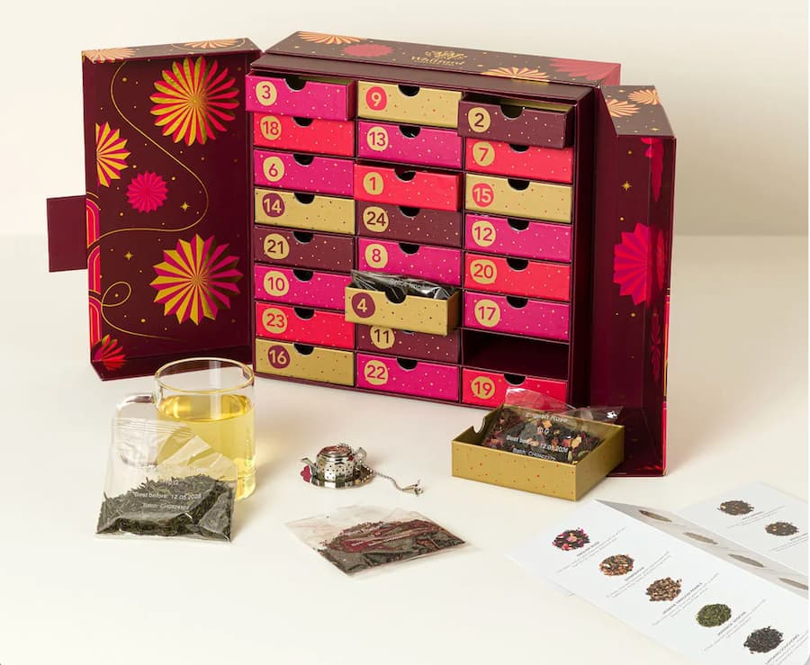 advent calendar with small drawers filled with loose tea
