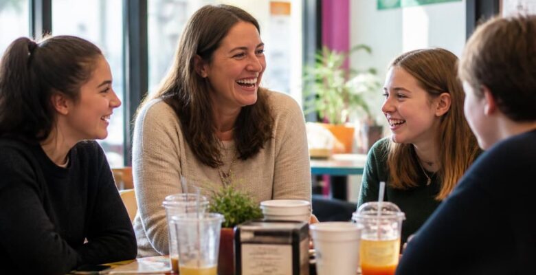 mother talking with teenagers over drinks