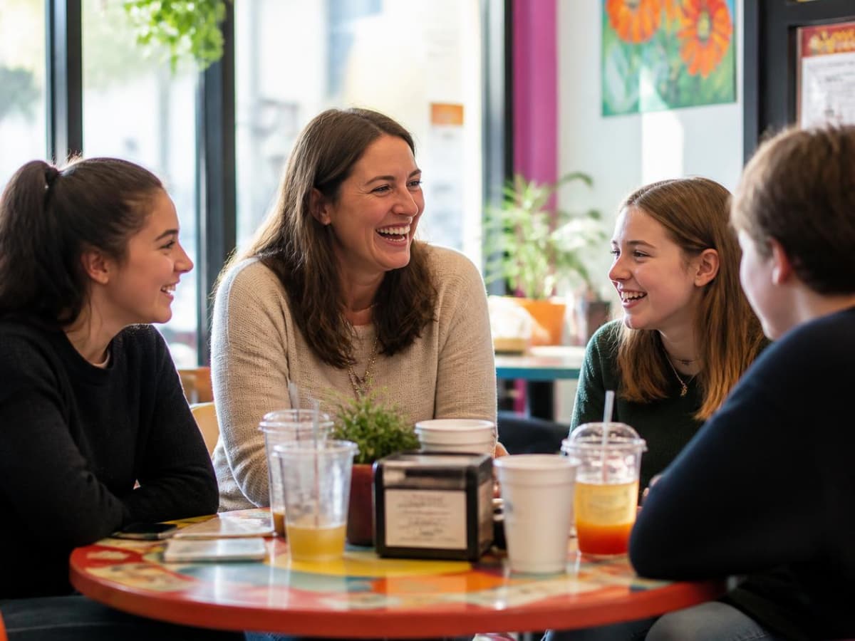 mother talking with teenagers over drinks