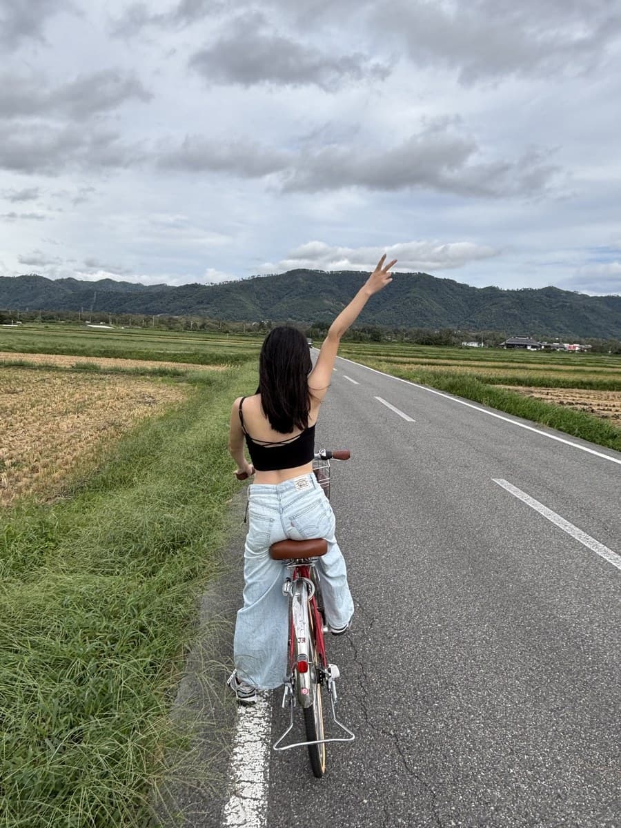 Cycling on a quiet country road through Azumino towards Daio Wasabi Farm