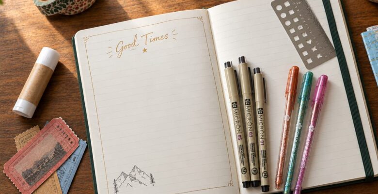 travek journal opened for memories with pens, washi tape, ticket stubs, and glue ready