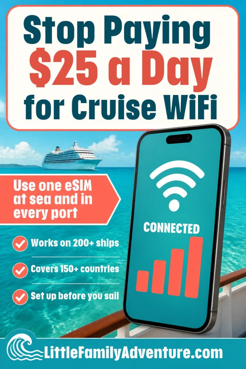 ocena cruise ship on water with overlay comparing travel esims for land and sea