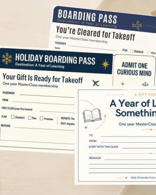flat lay mock up of 3 printable cards to Gift Masterclass as a Gift