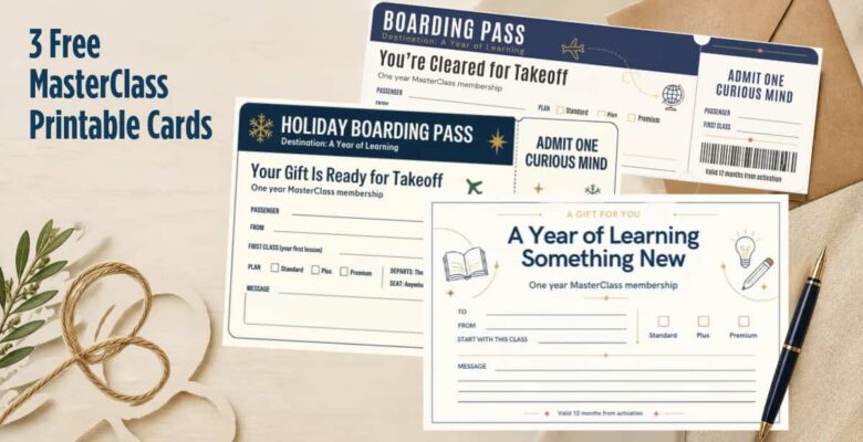 flat lay mock up of 3 printable cards to Gift Masterclass as a Gift