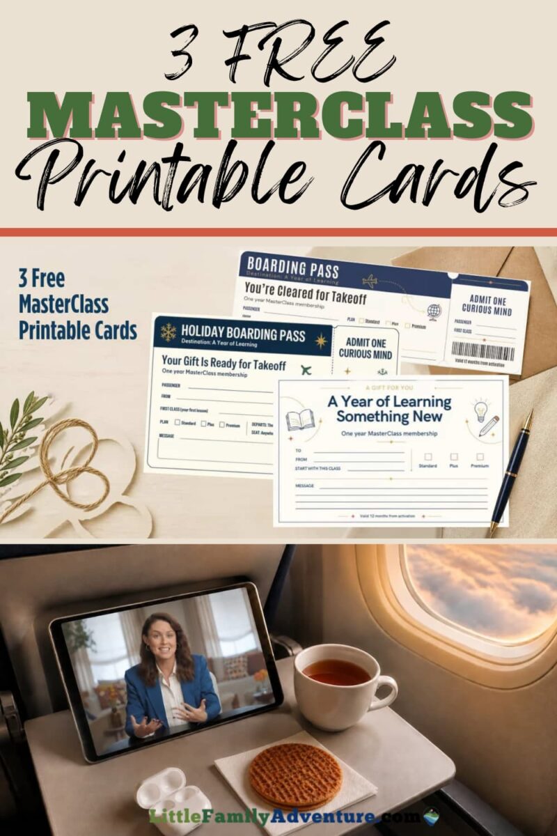 3 printables cards to print at home for Masterclass and picture of tablet with woman on it