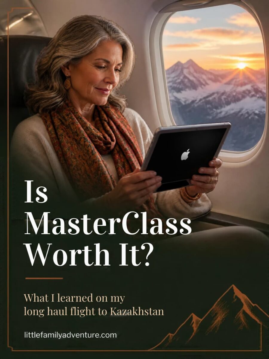 woman looking at tablet in a plane with text asking is MasterClass worth it