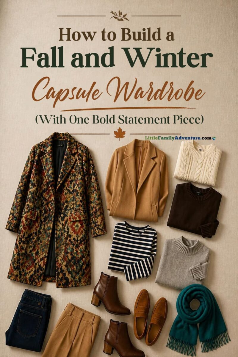 Fall and winter capsule wardrobe flat lay with a patterned statement coat, camel wool coat, knit sweaters, jeans, trousers, a turquoise scarf, ankle boots, and loafers.