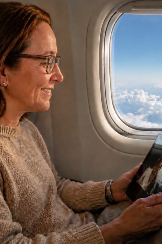 long haul flights are great for learning - woman looking at tablet watching masterclass ssessions