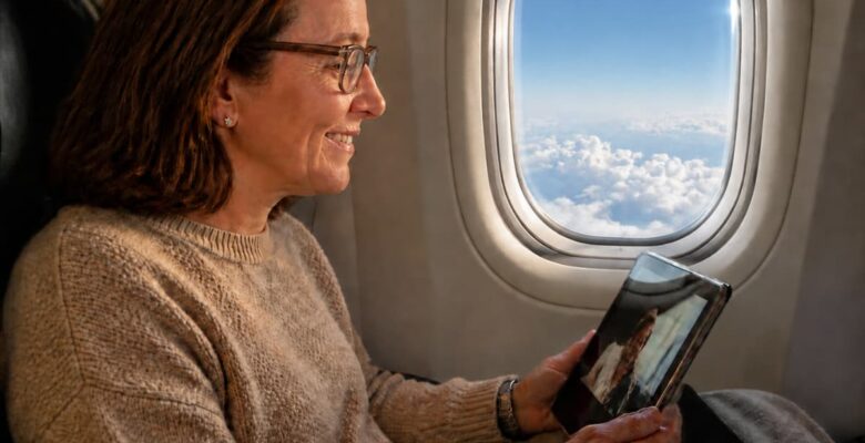 long haul flights are great for learning - woman looking at tablet watching masterclass ssessions