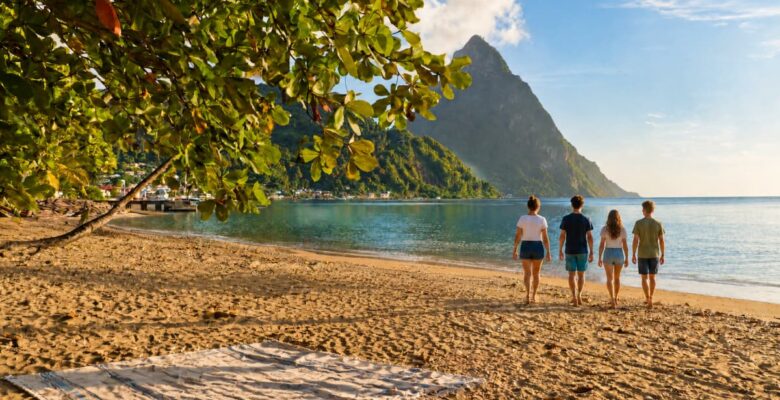 family on the beach at Rodney Bay St Lucia - family resorts in St Lucia
