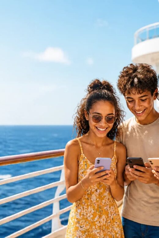 family with teens on phones on cruise ship