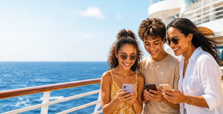 family with teens on phones on cruise ship