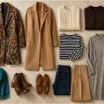 Fall and winter capsule wardrobe flat lay with a patterned statement coat, camel wool coat, knit sweaters, jeans, trousers, a turquoise scarf, ankle boots, and loafers.