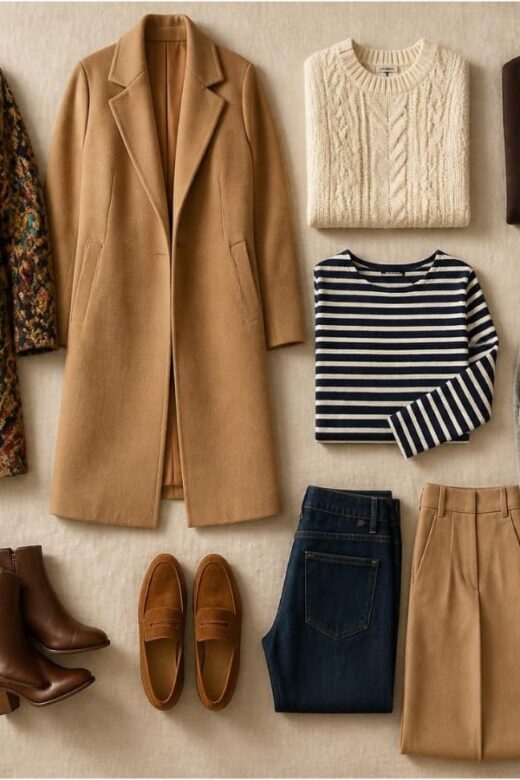 Fall and winter capsule wardrobe flat lay with a patterned statement coat, camel wool coat, knit sweaters, jeans, trousers, a turquoise scarf, ankle boots, and loafers.
