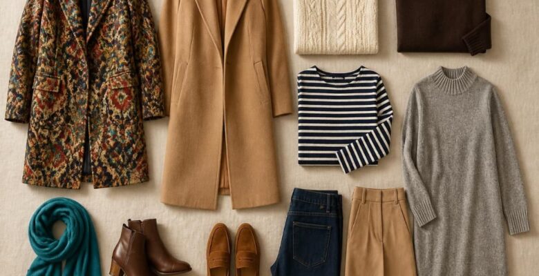 Fall and winter capsule wardrobe flat lay with a patterned statement coat, camel wool coat, knit sweaters, jeans, trousers, a turquoise scarf, ankle boots, and loafers.