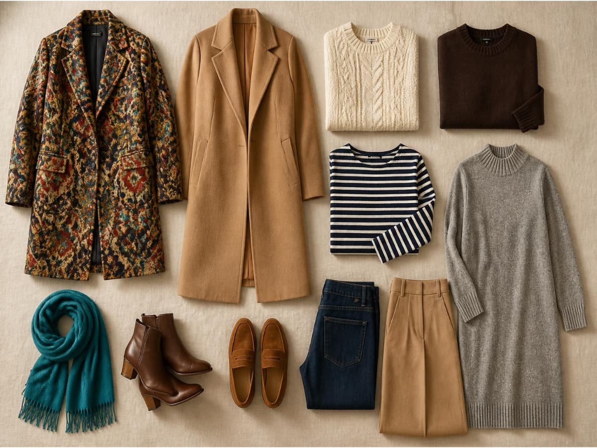 Fall and winter capsule wardrobe flat lay with a patterned statement coat, camel wool coat, knit sweaters, jeans, trousers, a turquoise scarf, ankle boots, and loafers.