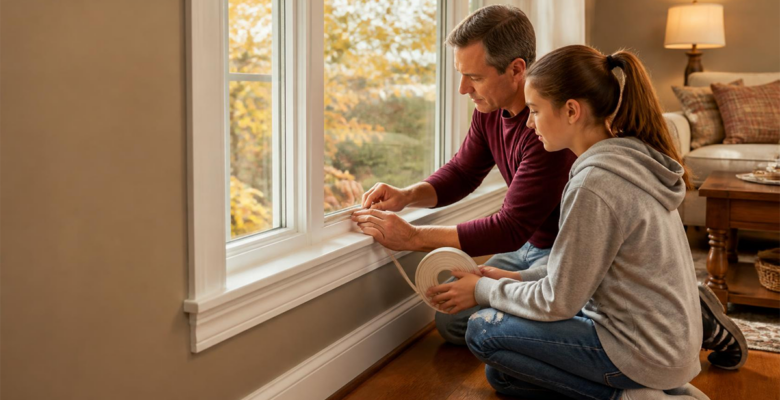 Parent and teen adding weatherstripping to a drafty window to winterize their home