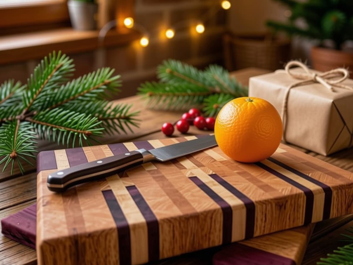 rockler cutting board with knife and orange on top with holiday greenery behind