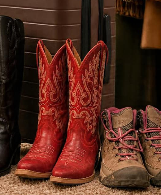 tall cowboy and hiking boots in closet