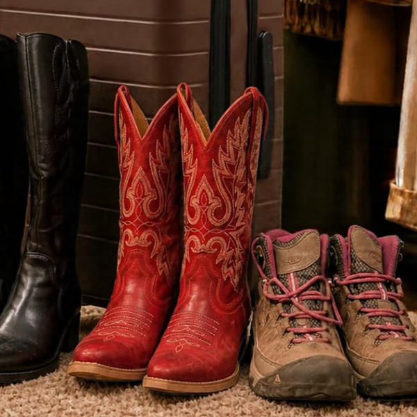 tall cowboy and hiking boots in closet
