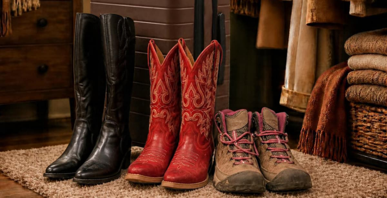 tall cowboy and hiking boots in closet