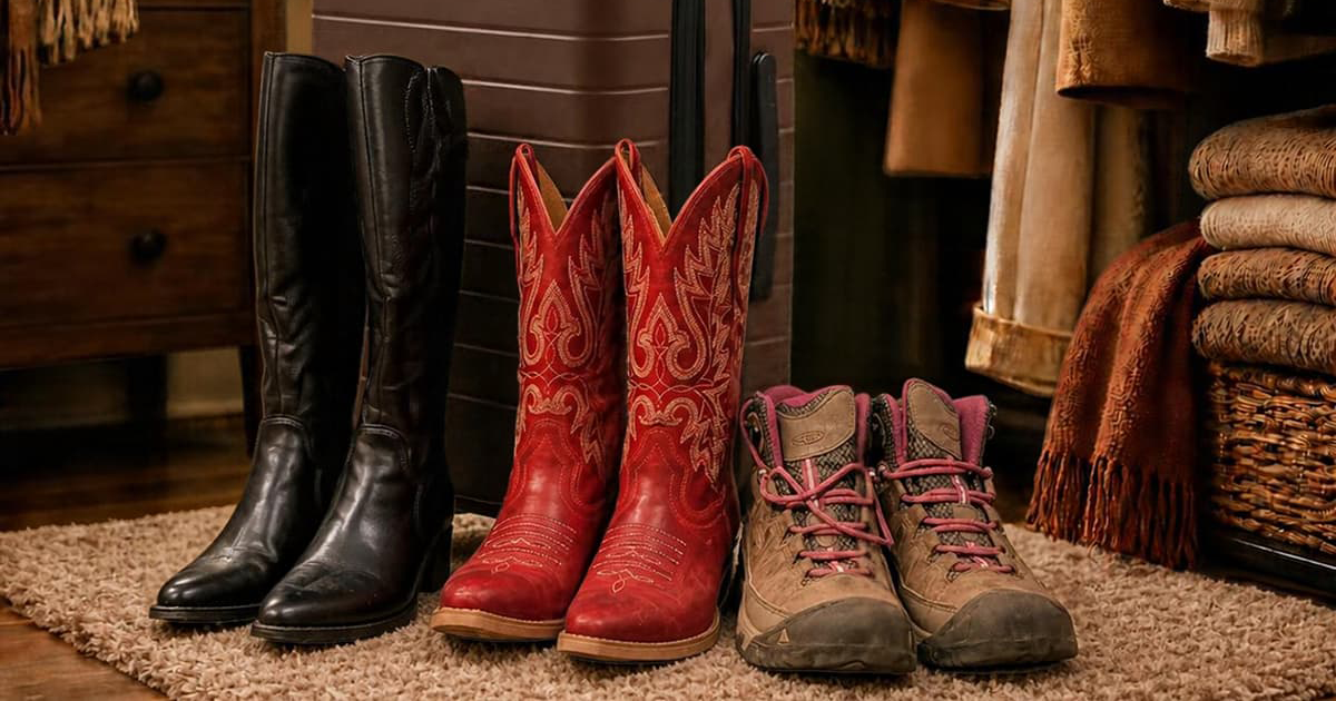 tall cowboy and hiking boots in closet
