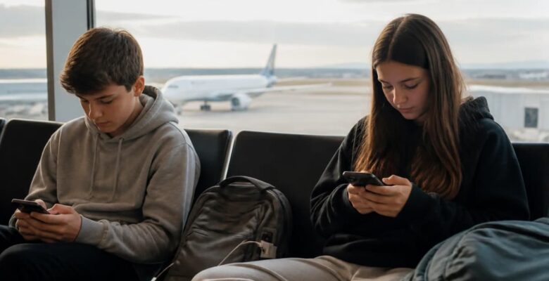 Two teenagers using smartphones at an airport gate, illustrating digital safety for family travel
