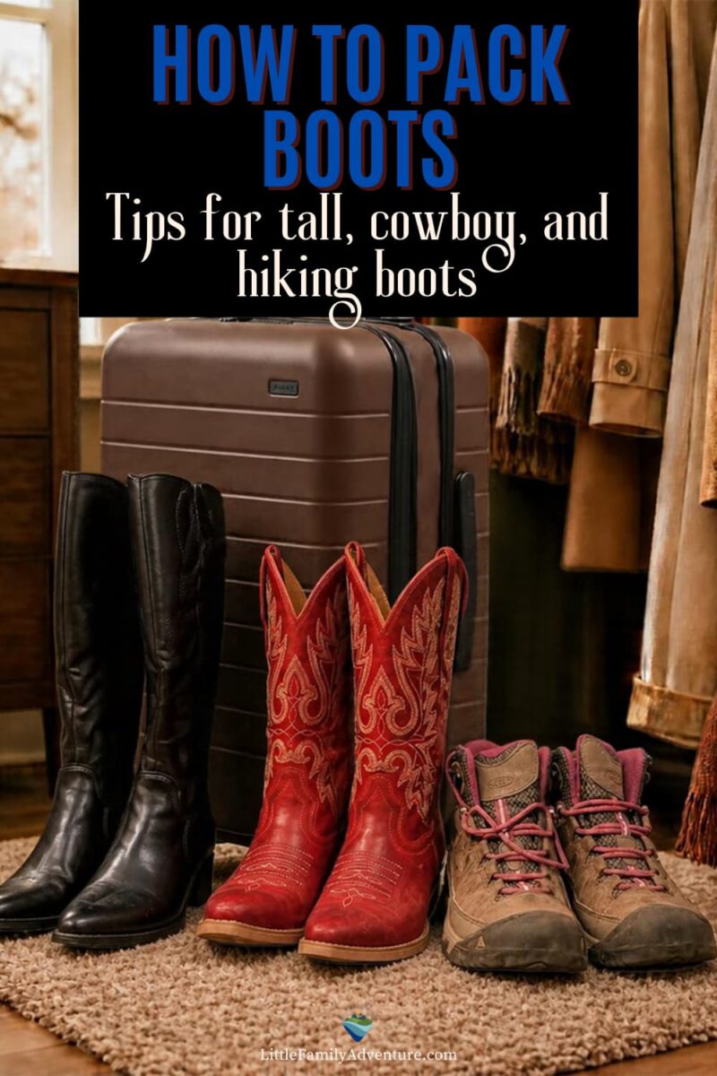 tall cowboy and hiking boots ready to be packed for travel